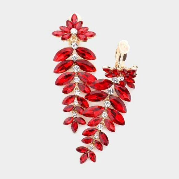 Marquise Red Colored Stone Vine Evening Gold Clip on Earrings - Picture 1 of 6